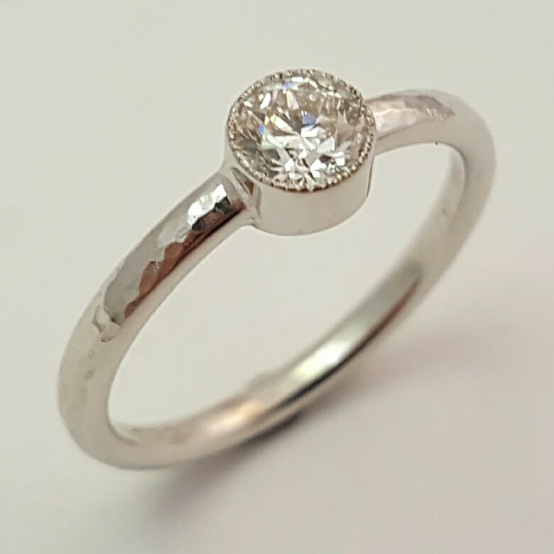 Marry Me Ring Package A: 9ct white gold 2mm planished band with 4mm millgrain bezel diamond
